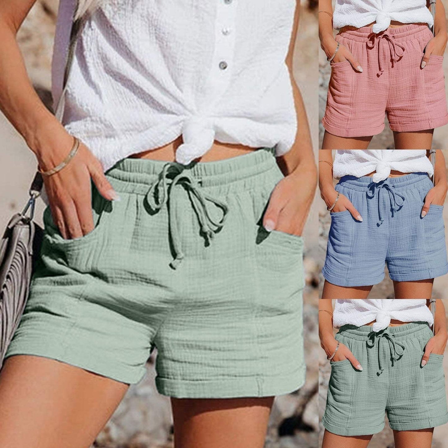Short décontracté pour femme - Tissu léger et respirant - Taille élastique avec cordon de serrage - Coupe décontractée