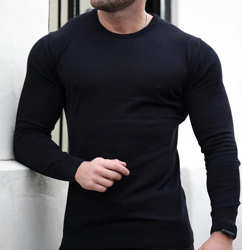Pull-over basique à col rond et maille unie pour homme