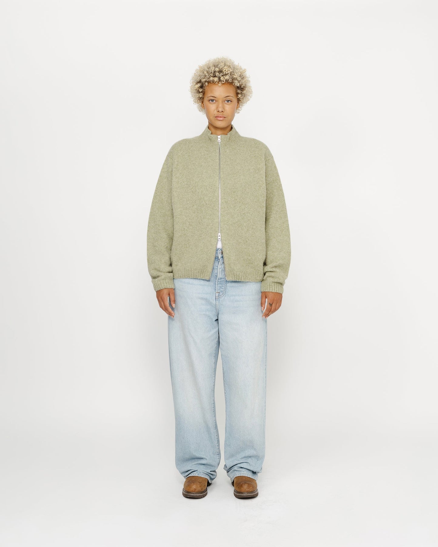 Pull en mérinos brossé, entièrement zippé