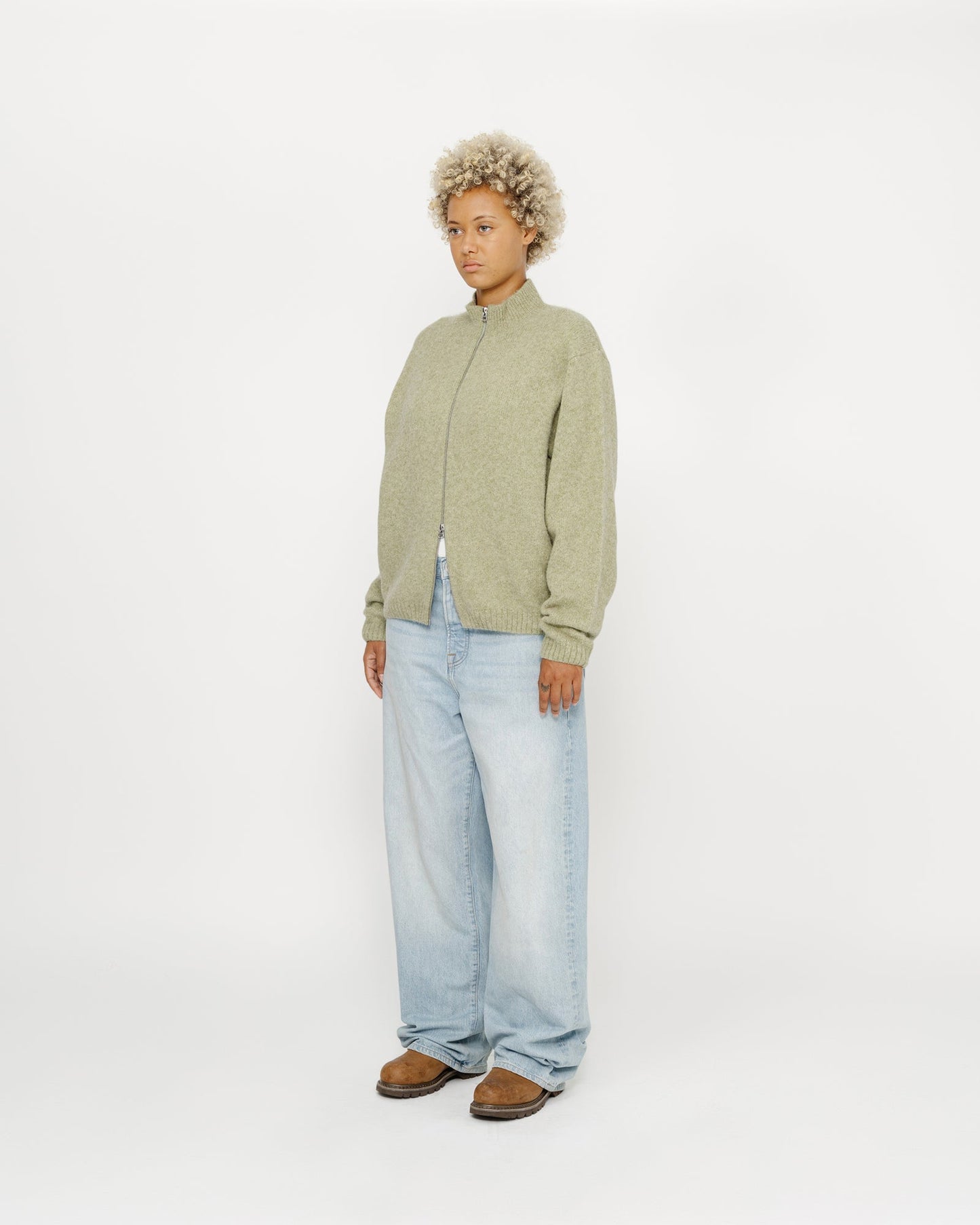 Pull en mérinos brossé, entièrement zippé