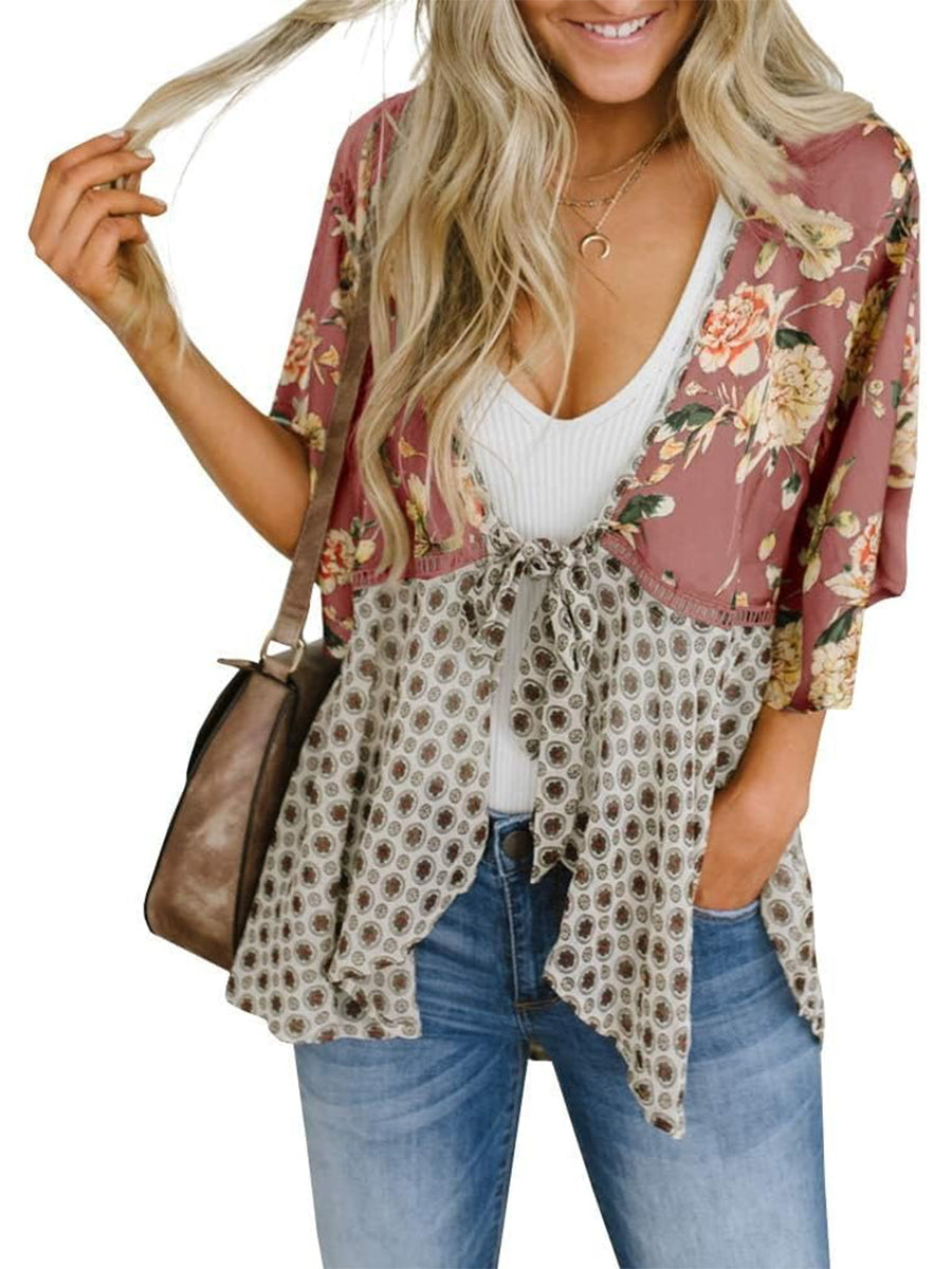 Cardigans Kimono Femme à Manches Volantes et Nœud, Imprimé Floral, Bohème Fluide et Ample