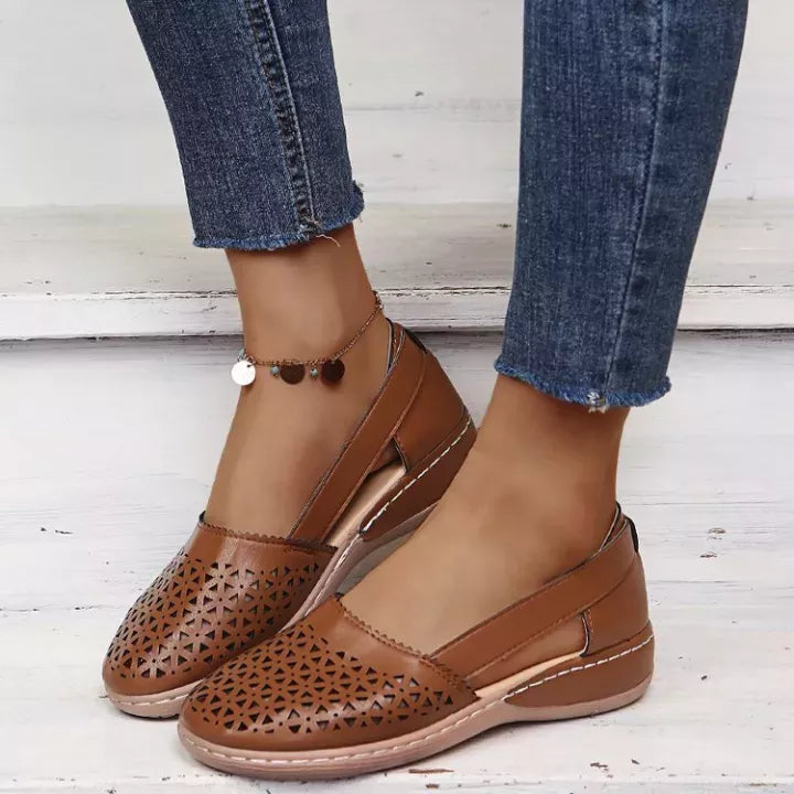 Sandales compensées orthopédiques évidées en PU de style vintage pour femme