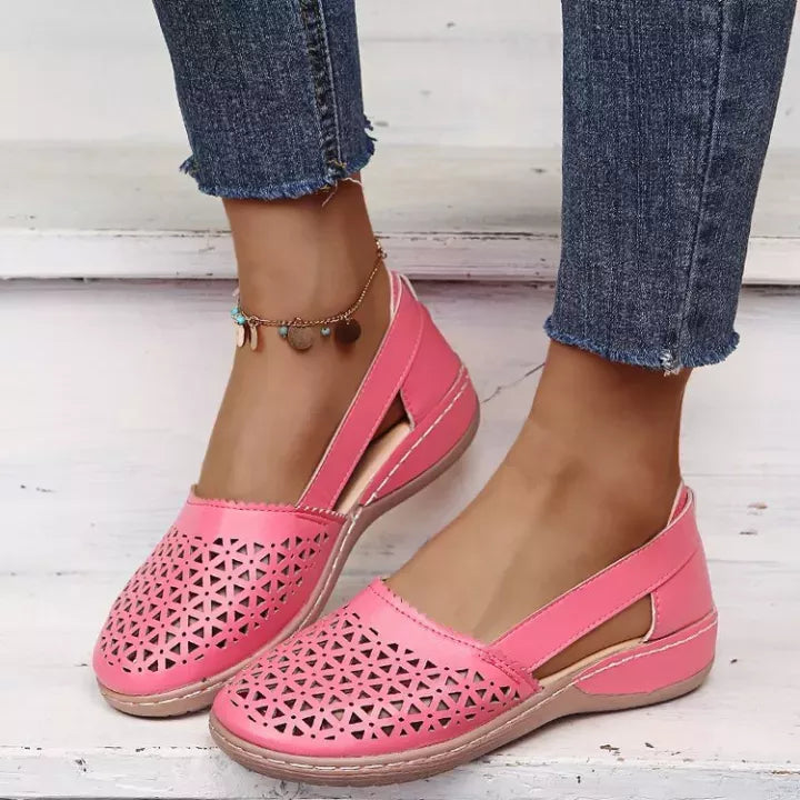 Sandales compensées orthopédiques évidées en PU de style vintage pour femme