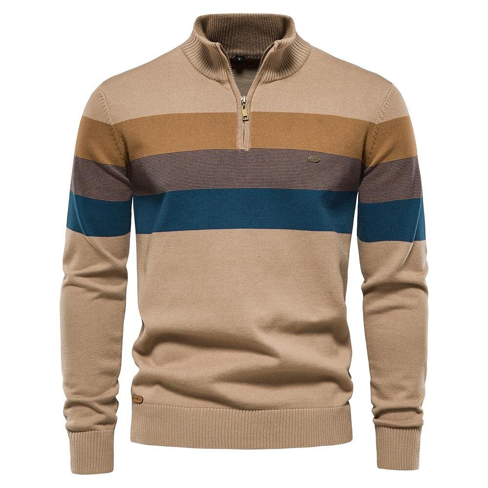 Pull homme à col montant zippé et rayures contrastées