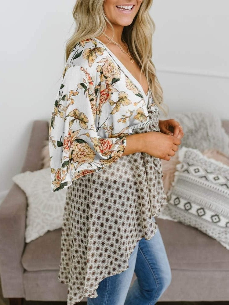 Cardigans Kimono Femme à Manches Volantes et Nœud, Imprimé Floral, Bohème Fluide et Ample