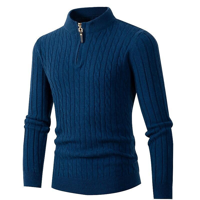 Chandail pour hommes en tricot torsadé, demi-zip, de couleur unie, à col montant
