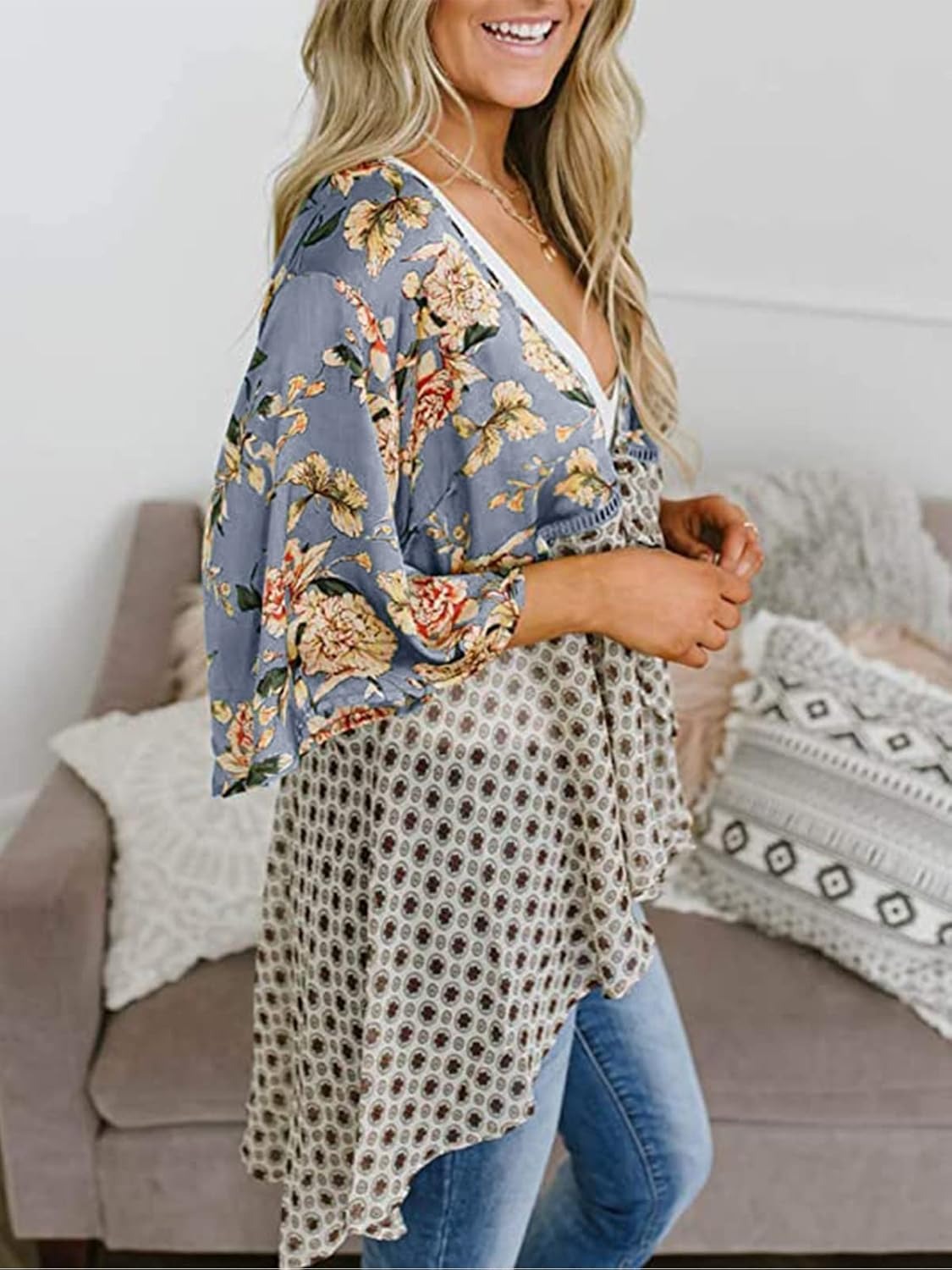 Cardigans Kimono Femme à Manches Volantes et Nœud, Imprimé Floral, Bohème Fluide et Ample