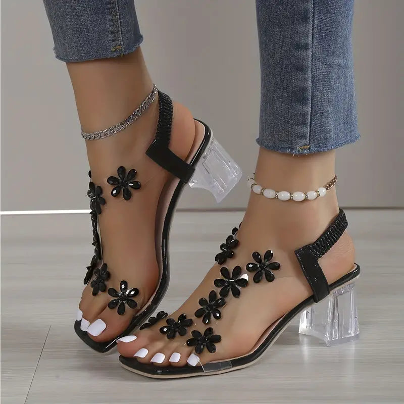 🔥 Dernière journée promotionnelle, 50 % de rabais - Sandales à talons carrés pour femmes avec strass et fleurs
