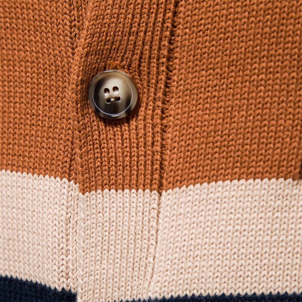 Cardigan torsadé en coton à col montant et rayures contrastantes pour homme