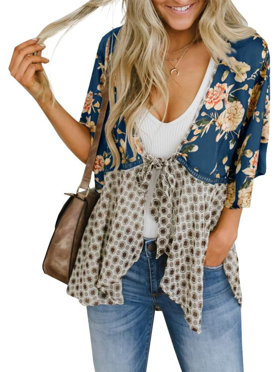 Cardigans Kimono Femme à Manches Volantes et Nœud, Imprimé Floral, Bohème Fluide et Ample