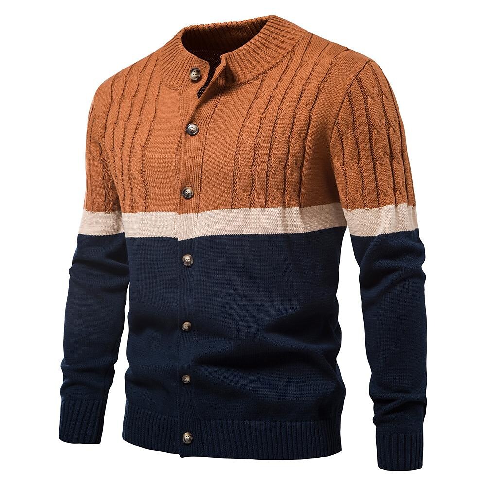 Cardigan torsadé en coton à col montant et rayures contrastantes pour homme