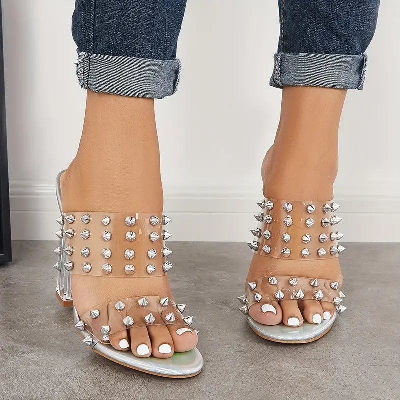 🔥Dernière promotion : 50 % de réduction - Sandales à talons carrés épais transparents pour femmes, à double bride cloutée
