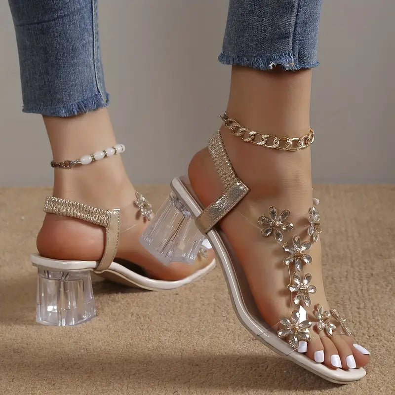 🔥 Dernière journée promotionnelle, 50 % de rabais - Sandales à talons carrés pour femmes avec strass et fleurs