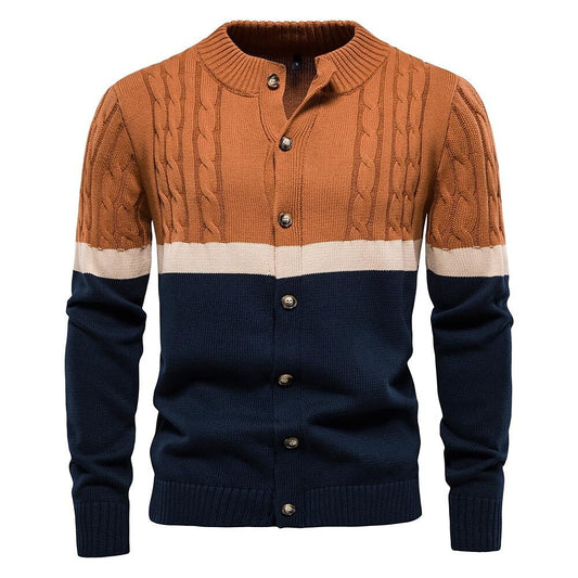 Herren Strickjacke aus Baumwolle mit Stehkragen und kontrastierenden Streifen