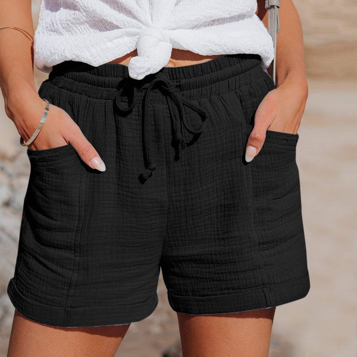 Short décontracté pour femme - Tissu léger et respirant - Taille élastique avec cordon de serrage - Coupe décontractée