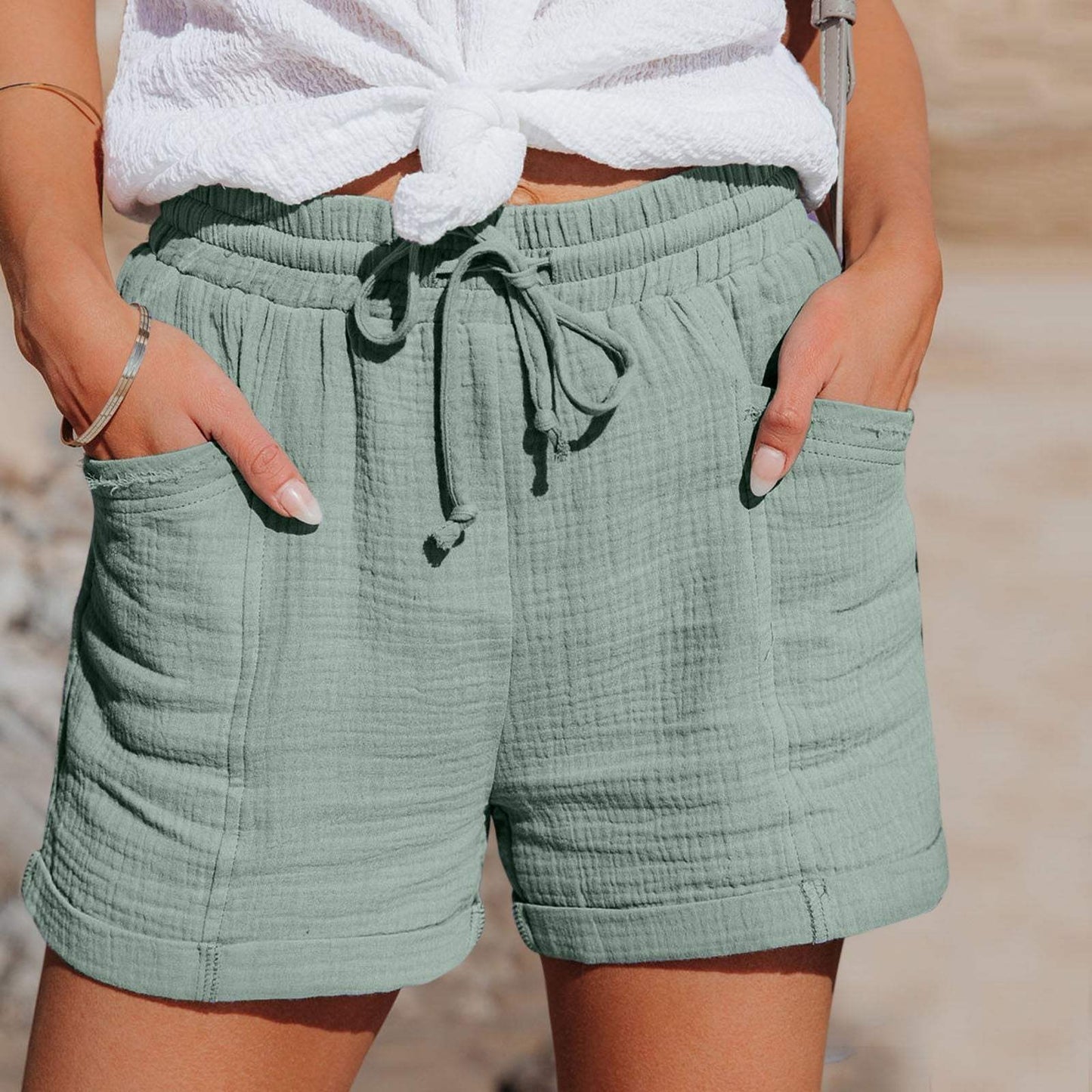 Short décontracté pour femme - Tissu léger et respirant - Taille élastique avec cordon de serrage - Coupe décontractée