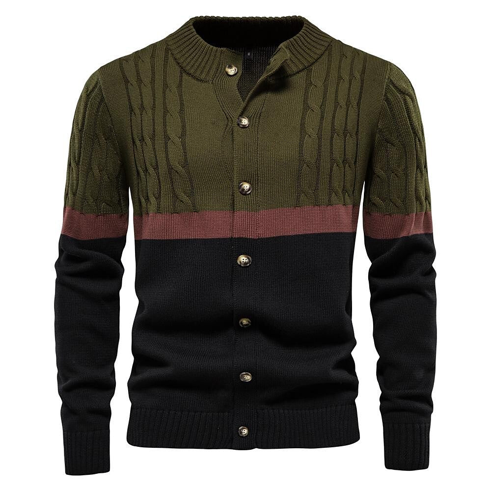 Cardigan torsadé en coton à col montant et rayures contrastantes pour homme