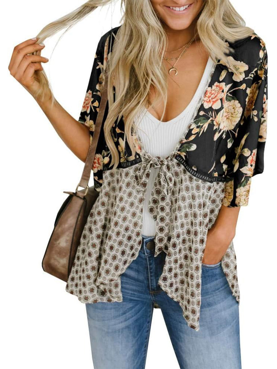 Cardigans Kimono Femme à Manches Volantes et Nœud, Imprimé Floral, Bohème Fluide et Ample