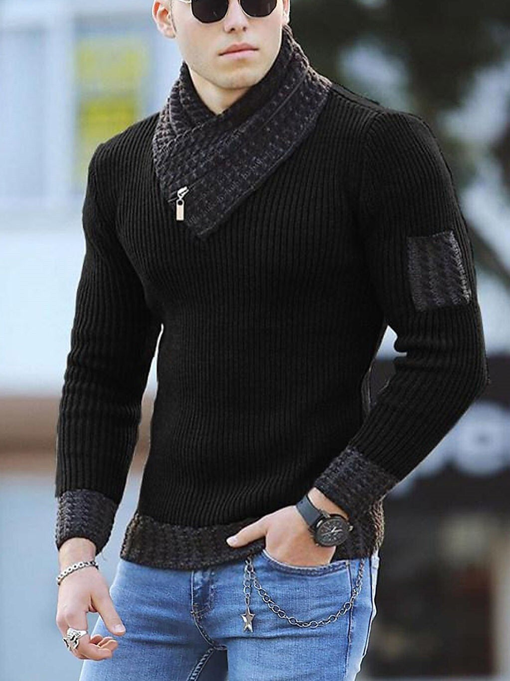 Pull Homme Col Roulé Style Ethnique Color Block