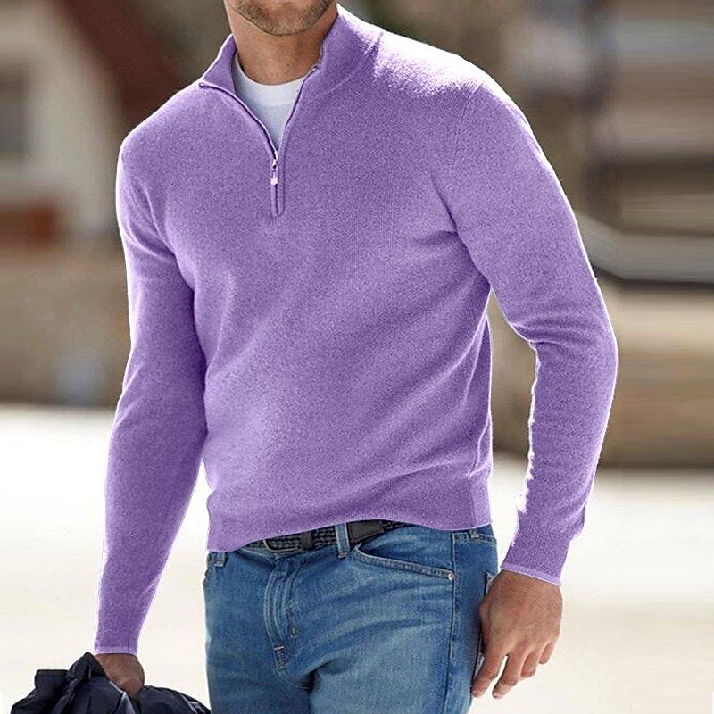 Chandail en tricot pour homme, col montant, demi-fermeture éclair, couleur unie