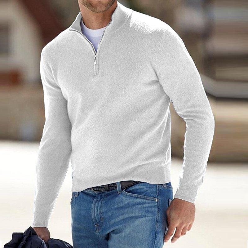 Chandail en tricot pour homme, col montant, demi-fermeture éclair, couleur unie