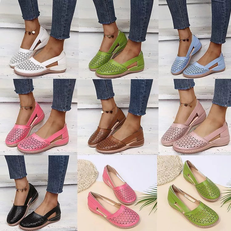 Sandales compensées orthopédiques évidées en PU de style vintage pour femme