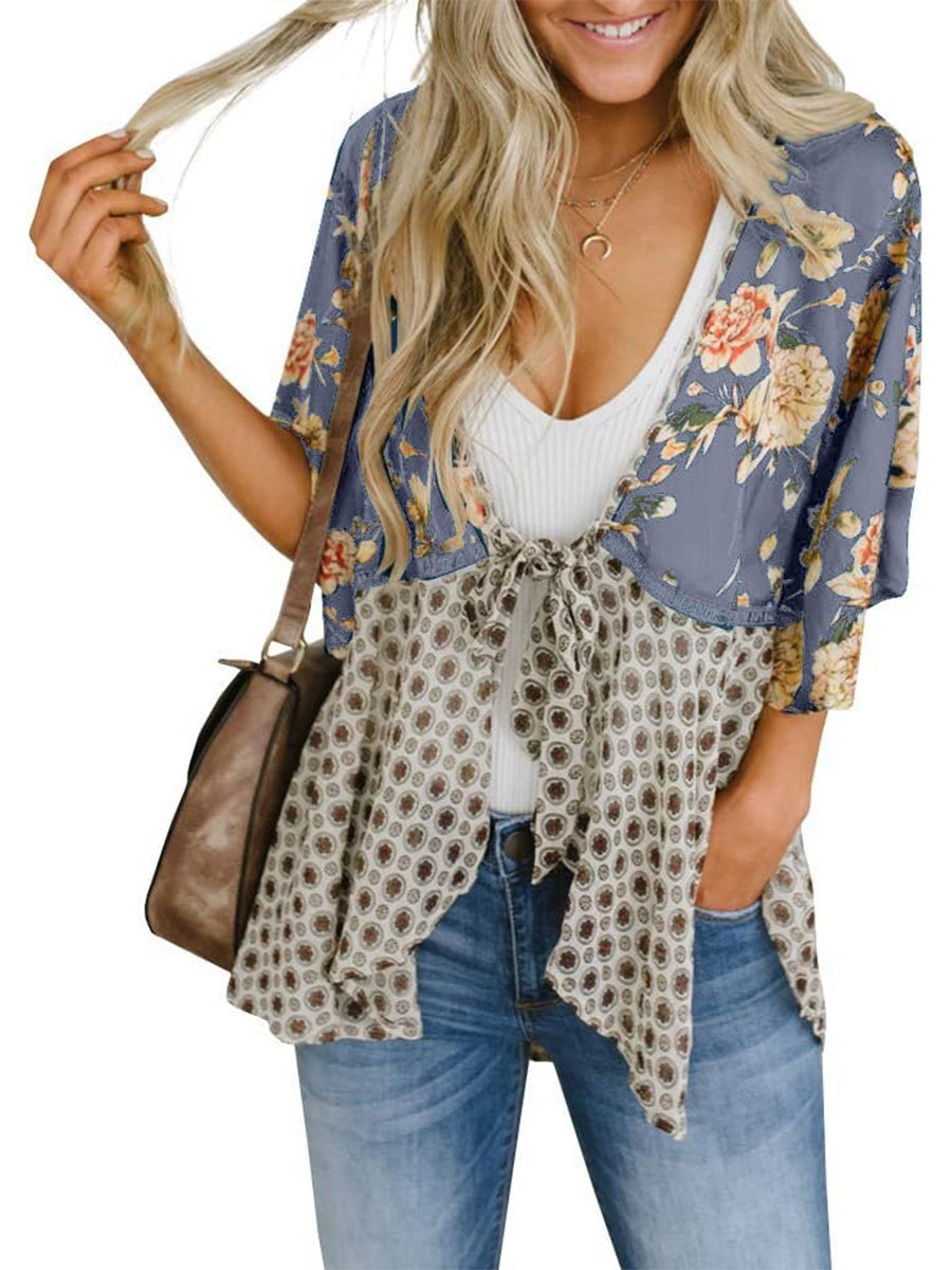 Cardigans Kimono Femme à Manches Volantes et Nœud, Imprimé Floral, Bohème Fluide et Ample