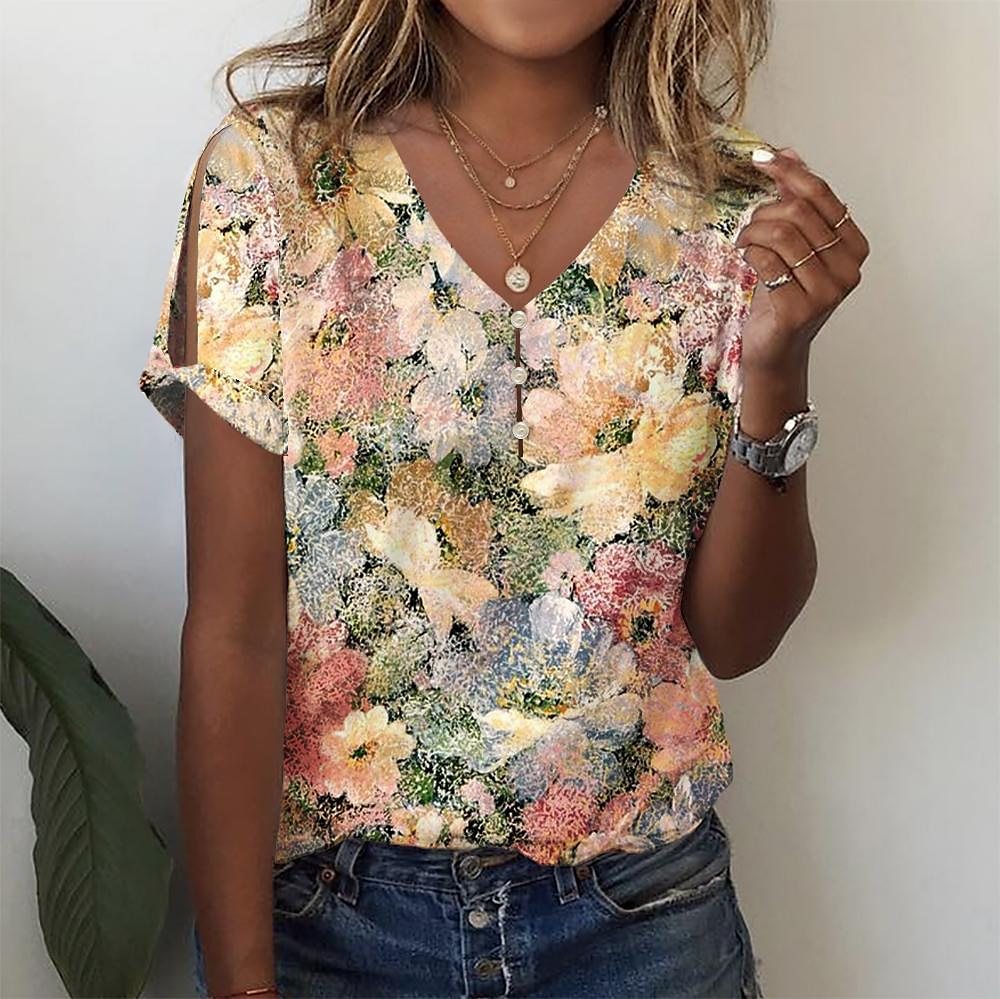 T-shirt décontracté en coton à col en V et motif floral
