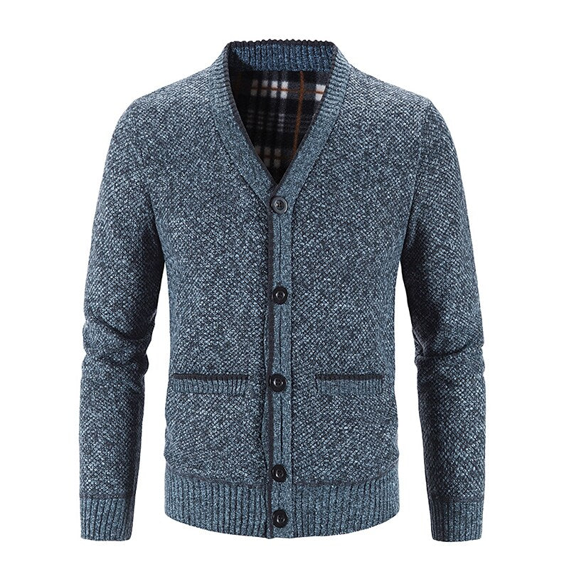 Cardigan boutonné col V en maille pour homme avec doublure en flanelle et poches