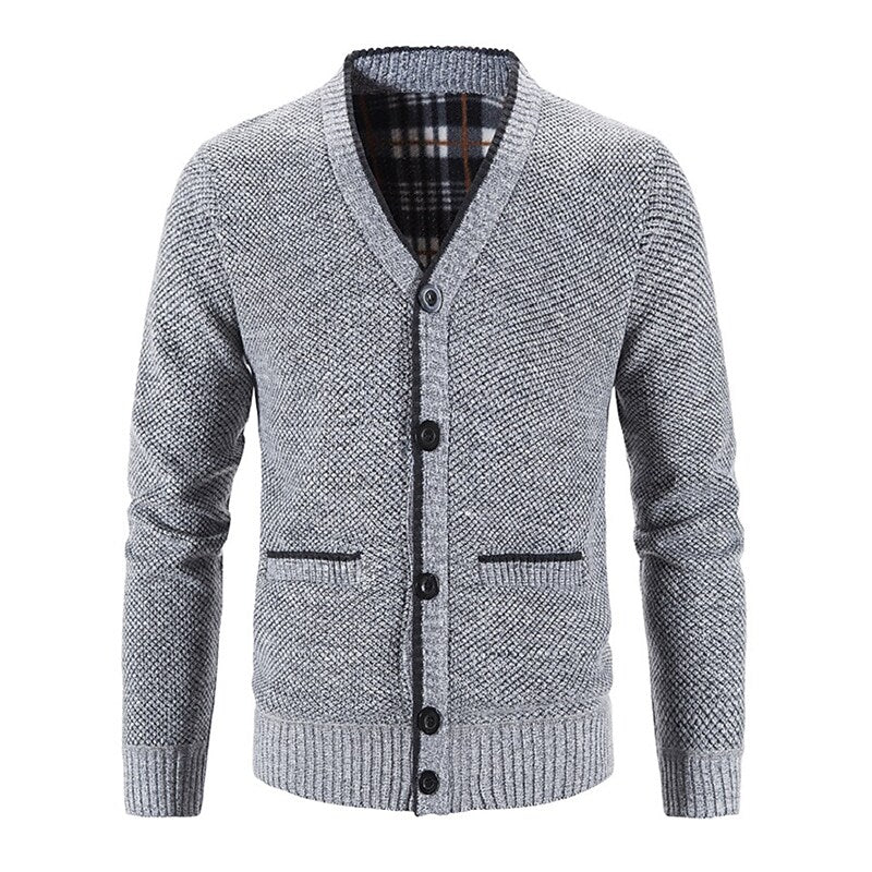 Cardigan boutonné col V en maille pour homme avec doublure en flanelle et poches