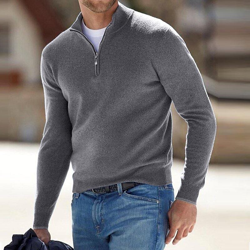 Chandail en tricot pour homme, col montant, demi-fermeture éclair, couleur unie