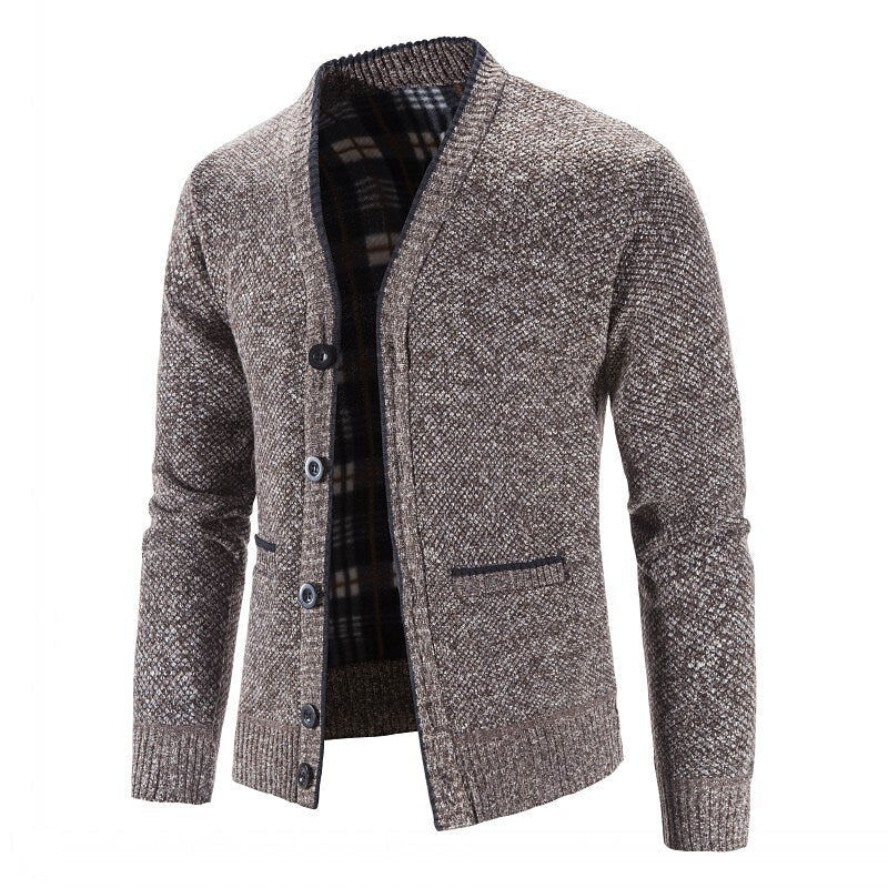 Cardigan boutonné col V en maille pour homme avec doublure en flanelle et poches