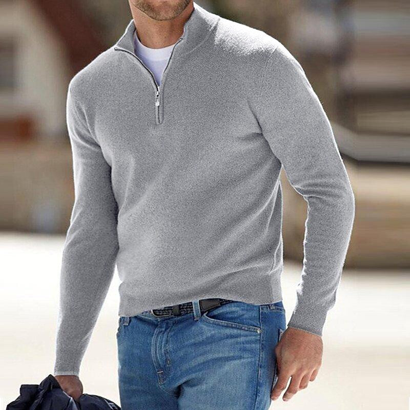 Chandail en tricot pour homme, col montant, demi-fermeture éclair, couleur unie
