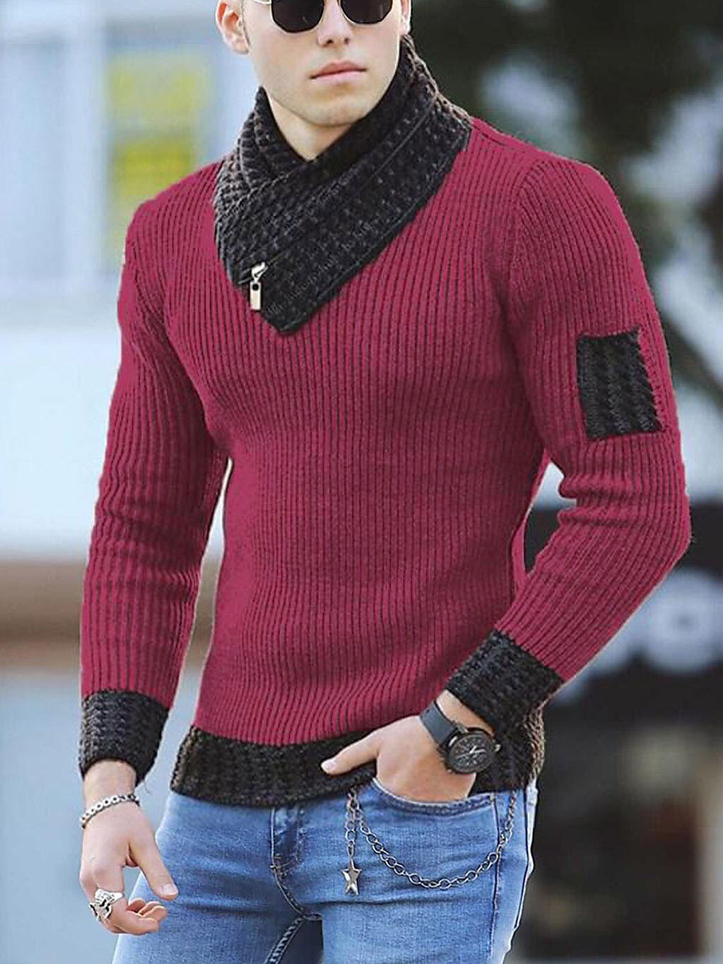 Pull Homme Col Roulé Style Ethnique Color Block