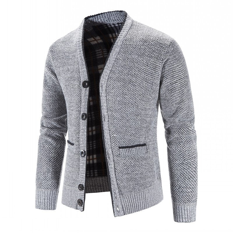 Cardigan boutonné col V en maille pour homme avec doublure en flanelle et poches