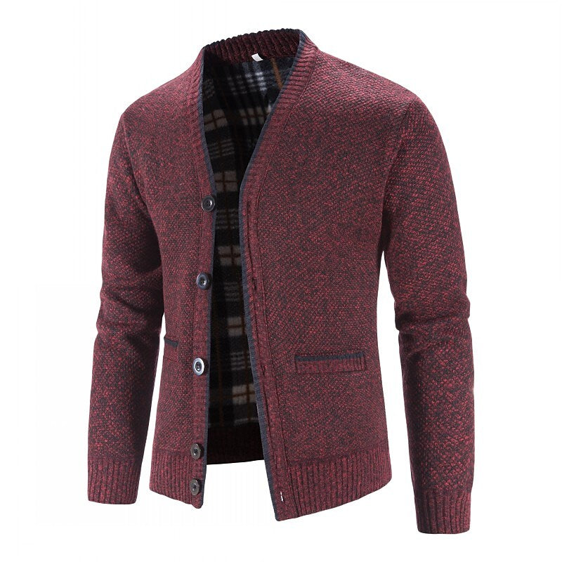 Cardigan boutonné col V en maille pour homme avec doublure en flanelle et poches