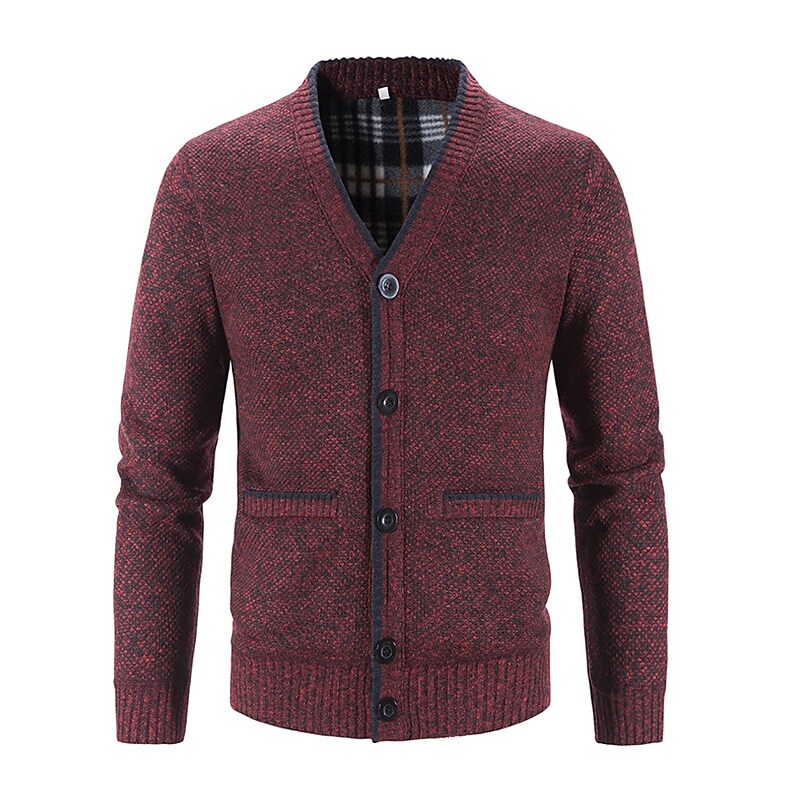 Cardigan boutonné col V en maille pour homme avec doublure en flanelle et poches