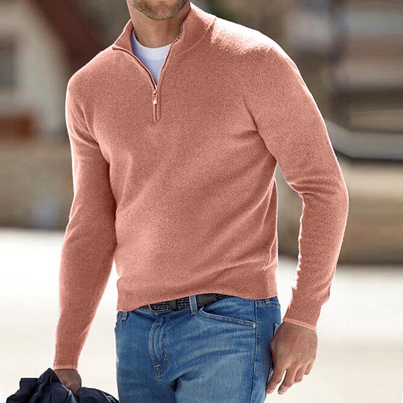 Chandail en tricot pour homme, col montant, demi-fermeture éclair, couleur unie
