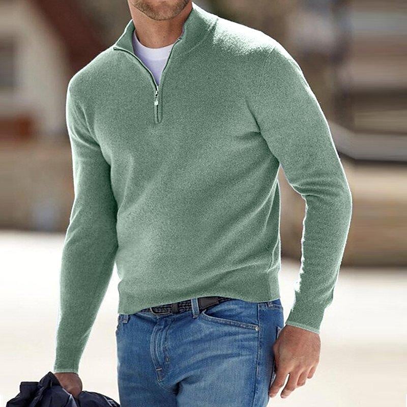 Chandail en tricot pour homme, col montant, demi-fermeture éclair, couleur unie